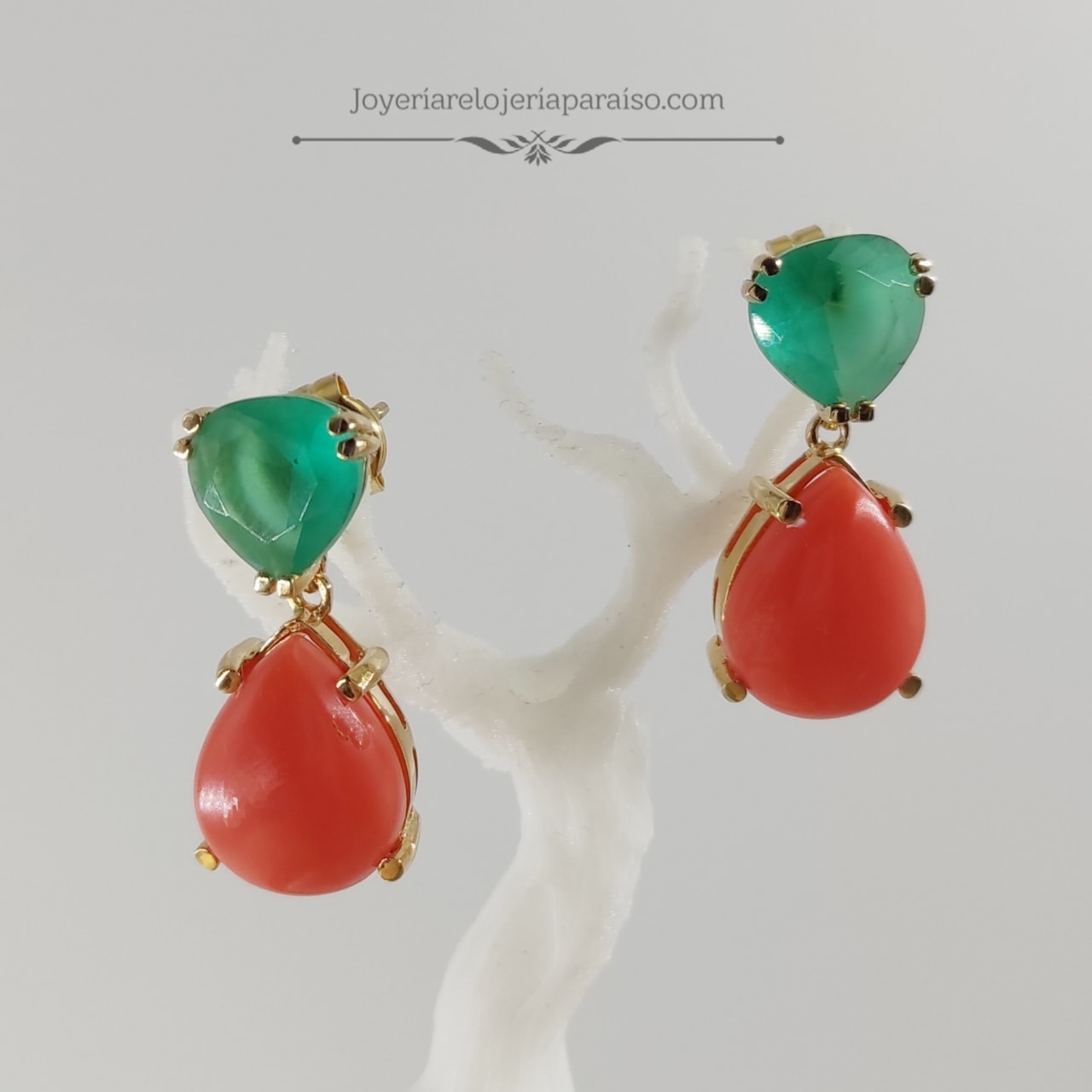 Pendientes para Novia Coral (resina) y Cristal Verde Paraíso