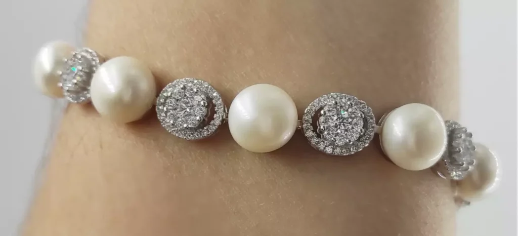 pulseras para novias perlas y rosetones de circonitas